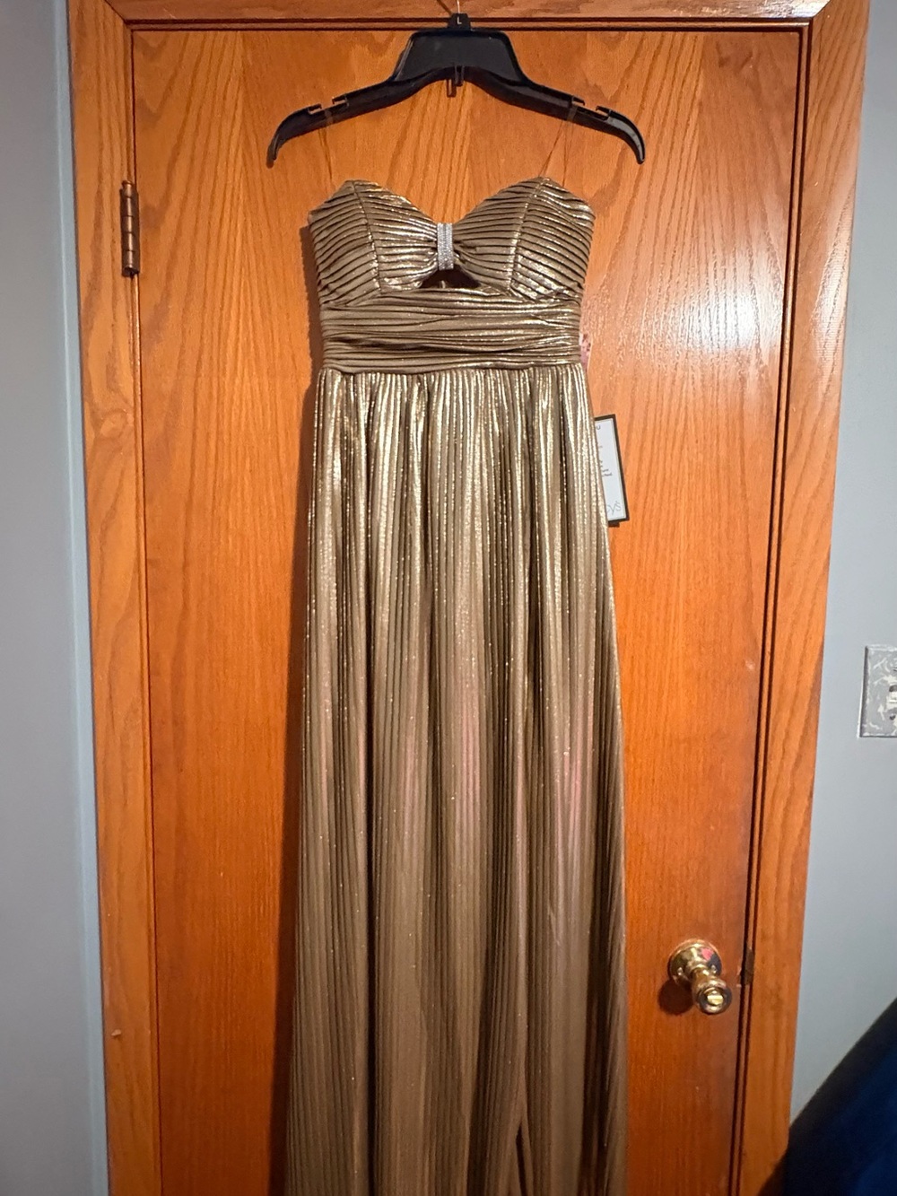 Emerald Sundae Metallic Gold Strapless Evening Gown